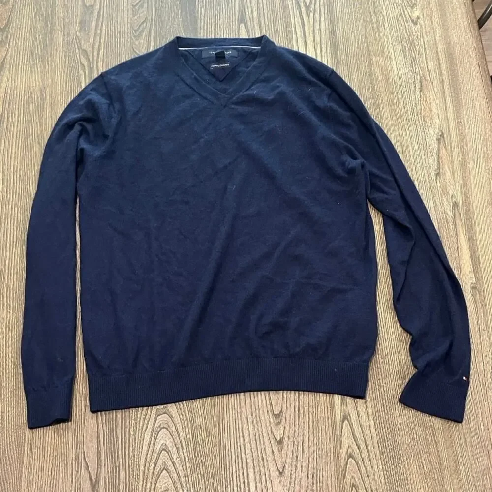 Tommy Hilfiger Mens Sweater V-Neck 100% Cashmere Pullover Navy Blue Size Large